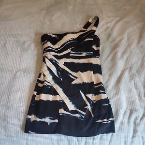 Rampage One-Shoulder Black and White Printed Dress with Blue Accents